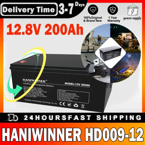 HANIWINNER HD009-12 12.8V 200Ah LiFePO4 Lithium Battery Pack Backup Power 2560Wh Energy 2000 + Cycles Built-in BMS