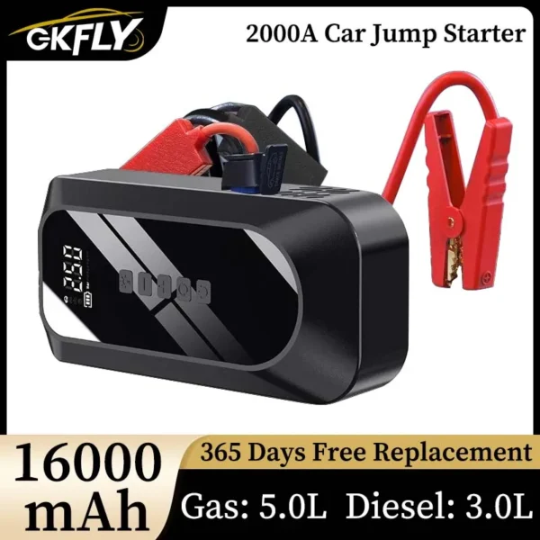 GKFLY 12V Car Jump Starter 16000mAh Start Power Bank Booster External Battery 2000A Starting Device for Petrol Diesel Powerbank