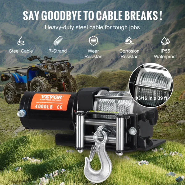 VEVOR 4000lbs Electric Winch with 39ft 7 Strands Steel Cable Wireless & Wired Remote Control ATV/UTV Winch for Truck Towing - Image 4