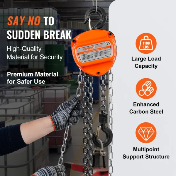 VEVOR 1/2/3T Manual Hand Chain Hoist G80 Galvanized Carbon Steel with Double-Pawl Brake Auto Chain Leading 360° Rotation Hook - Image 4