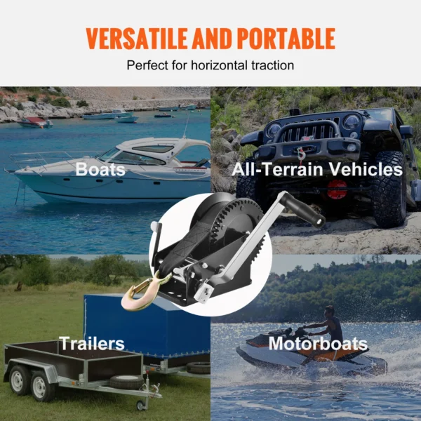VEVOR Hand Winch Boat Trailer Winch Heavy Duty Rope Crank Polyester Strap and Two-Way Ratchet Manual Operated Hand Crank Winch - Image 6