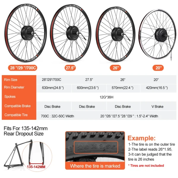 Bafang Wheel Hub Motor 48V 500W (Peak 750W) electric bicycle Conversion Kit 26 27.5 28 29 700C Rear Brake Disc Brake eBike Set - Pilt 4